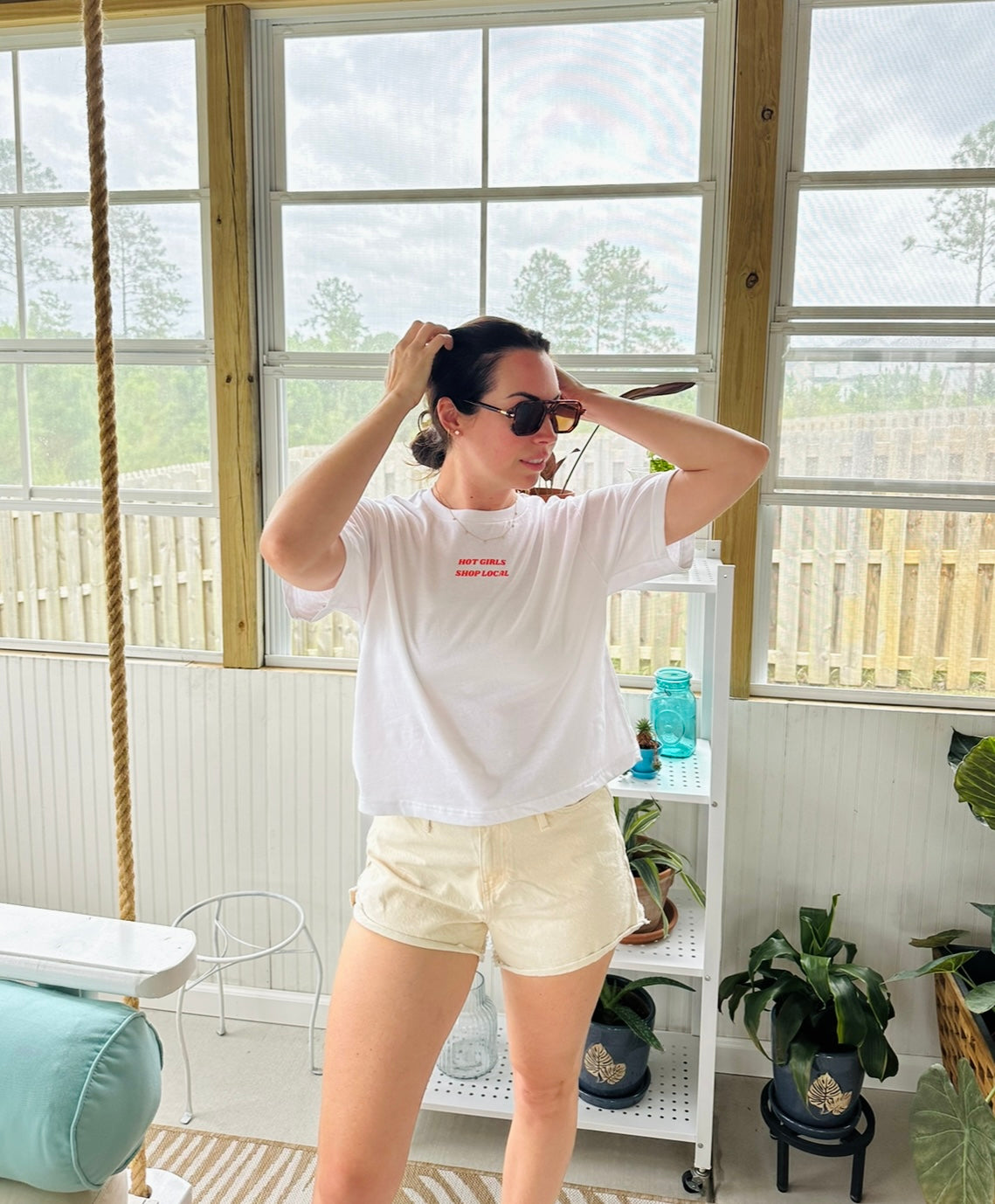 White “Hot Girls Shop Local”Cropped Tee