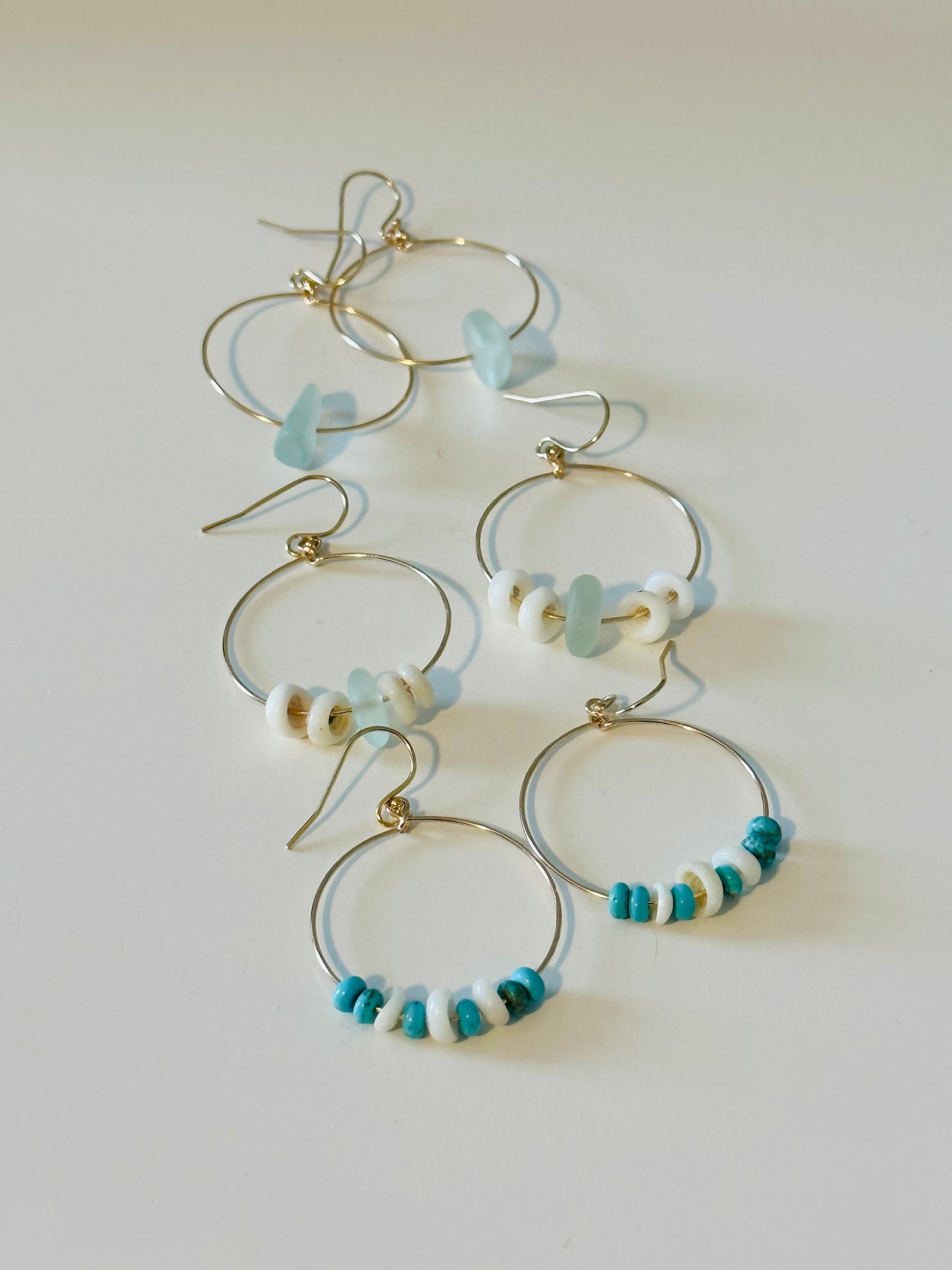 Gold Puka Shell and Turquoise Gemstone Hoops