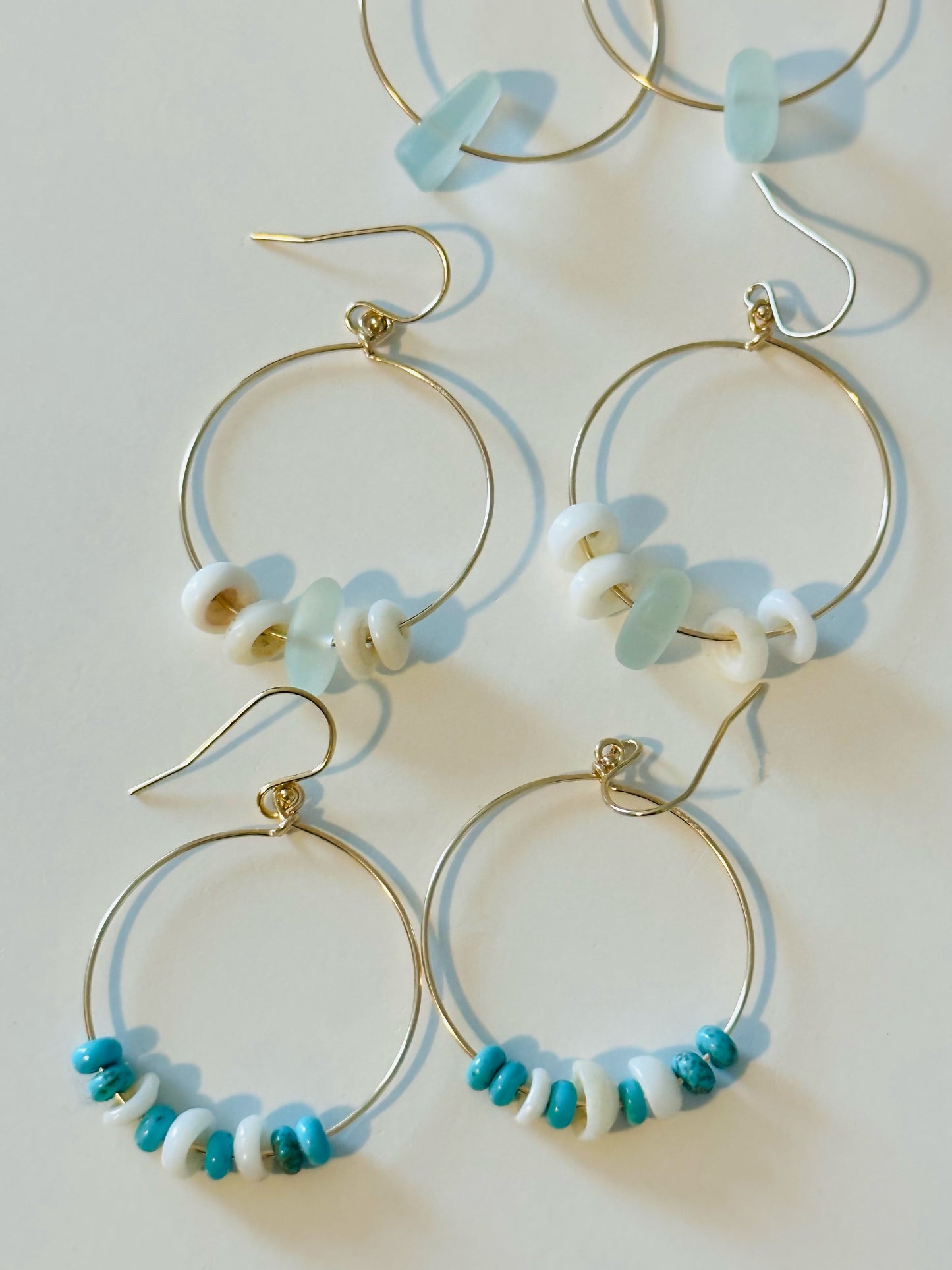 Gold Puka Shell and Turquoise Gemstone Hoops