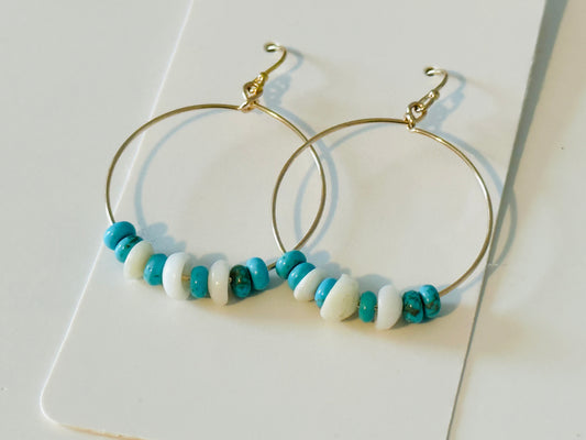 Gold Puka Shell and Turquoise Gemstone Hoops